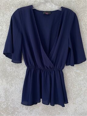 Discreet Navy Wrap Peplum Blouse - Women's Top Small